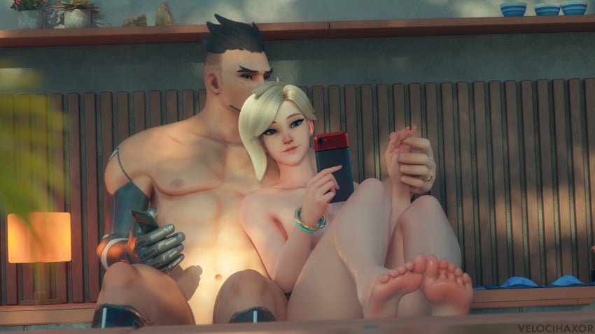 1boy 1girls 3d blizzard_entertainment couple couple_(romantic) feet gency genji light-skinned_female light-skinned_male mercy naked naked_female naked_male no_sex nude nude_female outside overwatch overwatch_2 phone ring ring_(jewelry) strategically_covered velocihaxor