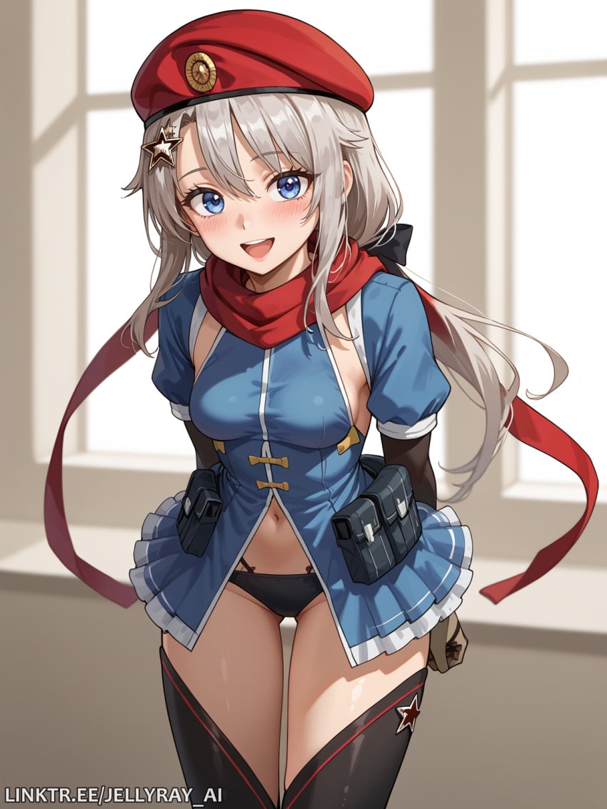 9a-91_(girls&#039;_frontline) 9a-91_(girls_frontline) :d ai_generated arms_behind_back ass_visible_through_thighs bangs beret black_panties black_thighhighs blue_dress blue_eyes blush breasts cowboy_shot dress female girls&#039;_frontline gloves grey_hair hair_between_eyes hair_ornament hat jellyray_ai long_hair looking_at_viewer low_twintails medium_breasts navel open_mouth panties pouch red_headwear red_scarf scarf smile solo star_(symbol) star_hair_ornament thighhighs twintails underwear