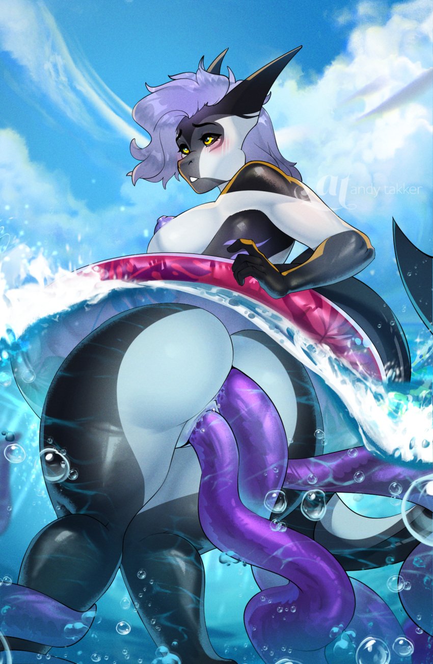 ahe_gao andytakker anthro anus ass athletic big_butt bikini_thong clothing clothing_aside clothing_pull female fish fur genitals hair hi_res looking_pleasured marine multicolored_body multicolored_fur purple_hair purple_tentacles pussy questionable_consent restrained restrained_by_tentacles sea shark solo_focus summer swimming swimwear tail tentacle thong thong_aside underwater underwear underwear_aside underwear_pull water yellow_eyes