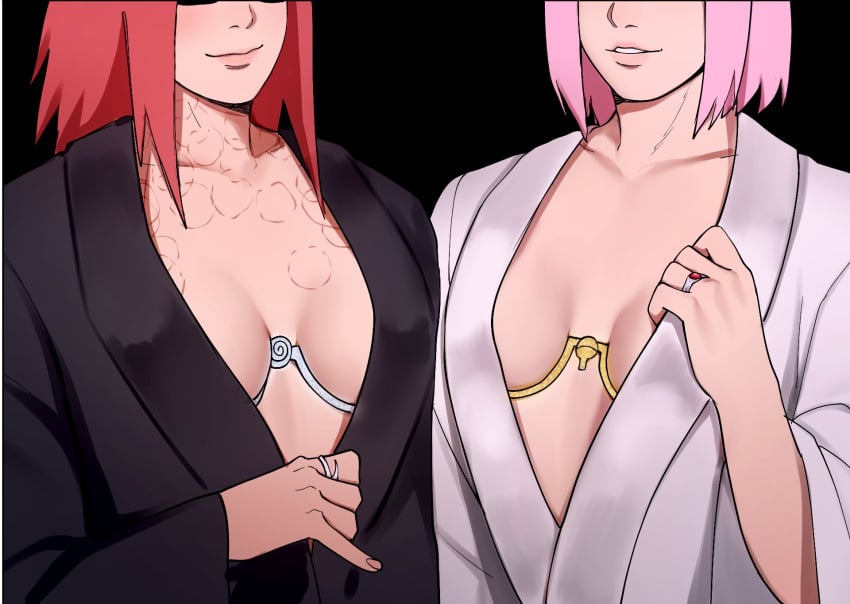 2girls alternate_breast_size alternate_costume bite_mark bite_mark_on_neck boruto:_naruto_next_generations breast_focus breasts glasses highres jewelry lipstick long_hair makeup medium_breasts multiple_girls naruto naruto_(series) pink_hair red_hair ring robe sakura_haruno short_hair smile suika_suigetsu teasing uchiha_symbol undressing upper_body uzumaki_karin uzumaki_symbol