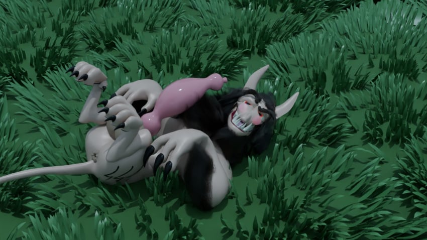 3d 3d_(artwork) blender_(software) blender_cycles blush canine canine_penis fur grass knot laying_down laying_on_back looking_at_viewer male outdoors partially_furred penis quadruped red_eyes solo solo_focus werewolf wolf