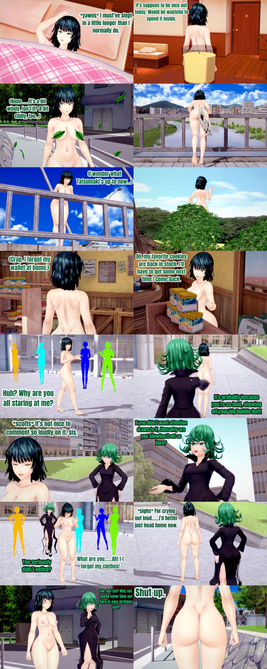 2girls ass barefoot bed black_dress black_hair black_high_heels breasts bush censored_to_uncensored clothed_female_nude_female colored_silhouette completely_nude completely_nude_female convenient_censoring dress female female_focus floating fubuki_(one-punch_man) green_hair high_heels koikatsu leaf long_sleeves market navel newspaper nipples nude nude_female one-punch_man pussy retropunch short_hair tatsumaki waking_up