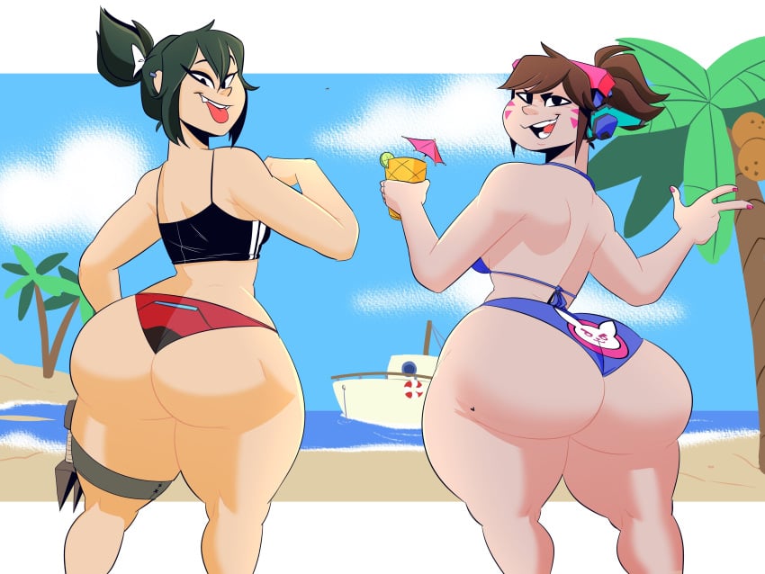 2girls ass big_ass big_butt d.va elpiromanias female female_only huge_ass huge_butt kiriko_(overwatch) looking_back multiple_girls open_mouth overwatch overwatch_2 thick_thighs tongue_out