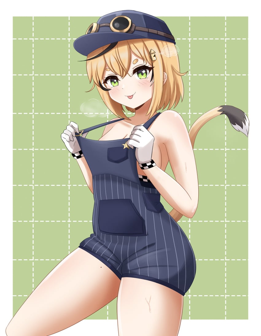 :p blonde_hair cleavage conductor_hat conductor_uniform danzfloor dooby3d gloves goggles green_eyes indie_virtual_youtuber jerboa jerboa_humanoid lowered_bra pattern_background pulling_on_clothes sideboob steam tail virtual_youtuber