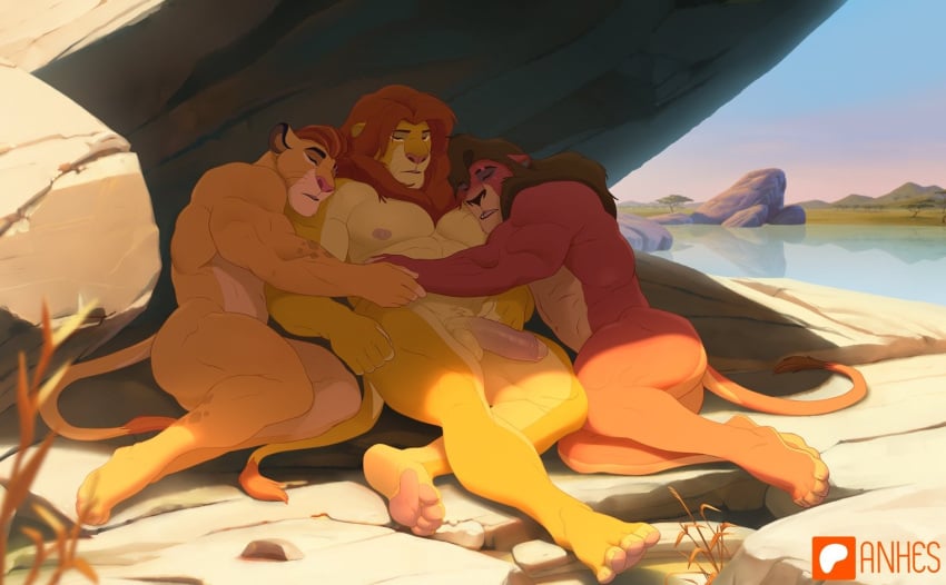 3boys anhesart animal_ears anthro artist_name bara closed_eyes closed_mouth completely_nude english_commentary fangs flaccid furry furry_male furry_only hug kion_(the_lion_guard) kovu_(the_lion_king) lake lion_boy lion_ears lion_mane lion_tail male male_focus multiple_boys navel nipples nude on_floor open_mouth patreon_logo pawpads penis rock simba sleeping tail testicles the_lion_guard the_lion_king the_lion_king_2:simba's_pride whiskers