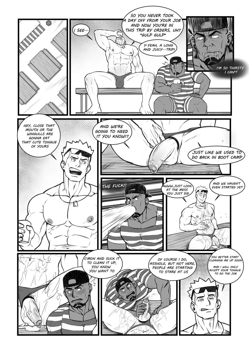 balls bara boner bulge cliff_(pokemon) comic erection eyewear_on_head facial_hair flaccid gay lt_surge lupin_barnabi male male_only monochrome muscles muscular nintendo penis pokemon speech_bubble