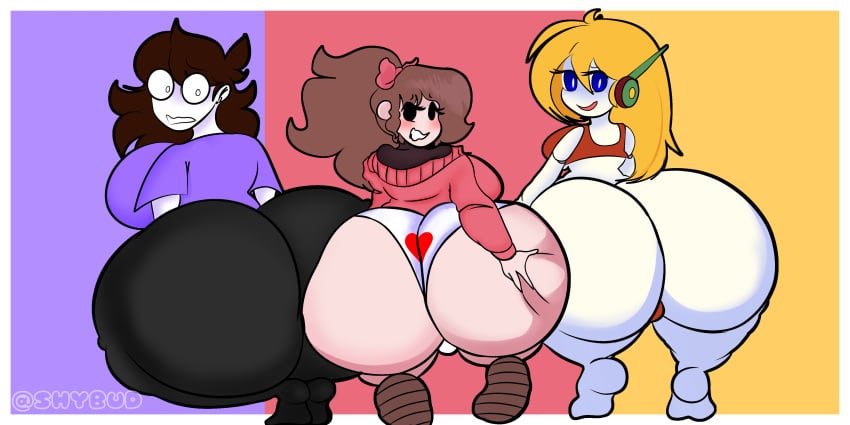 3girls ass ass_bigger_than_head ass_focus ass_grab blonde_hair brown_hair bubble_butt cave_story curly_brace deviantart fnf_mods friday_night_funkin friday_night_funkin_mod girlfriend_(friday_night_funkin) highres huge_ass huge_butt jaiden jaiden_animations looking_at_viewer looking_back massive_ass nervous nervous_smile shybud soft_gf tiptoes trio underwear white_skin youtube