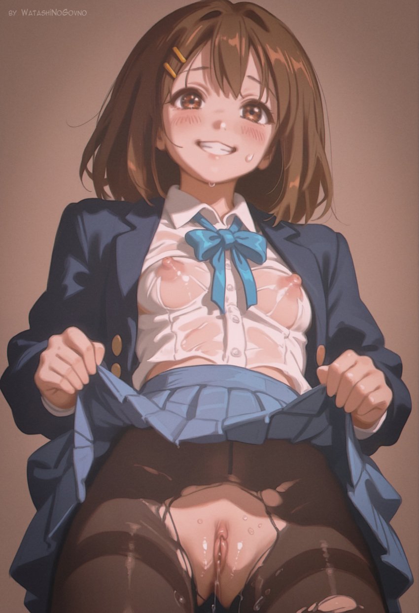 ai_generated artist_name black_pantyhose blazer blush breasts brown_background brown_eyes brown_hair buttons clothes_lift covered_nipples from_below grin hair_ornament hairclip jacket k-on! lifted_by_self long_sleeves looking_at_viewer medium_breasts medium_hair nipples no_bra no_panties pantyhose patreon_username pussy pussy_juice ribbon school_uniform see-through see-through_shirt shirt simple_background skirt skirt_lift small_breasts smile solo torn_pantyhose twitter_username uncensored watashinogovno wet wet_clothes yui_hirasawa_(k-on!)