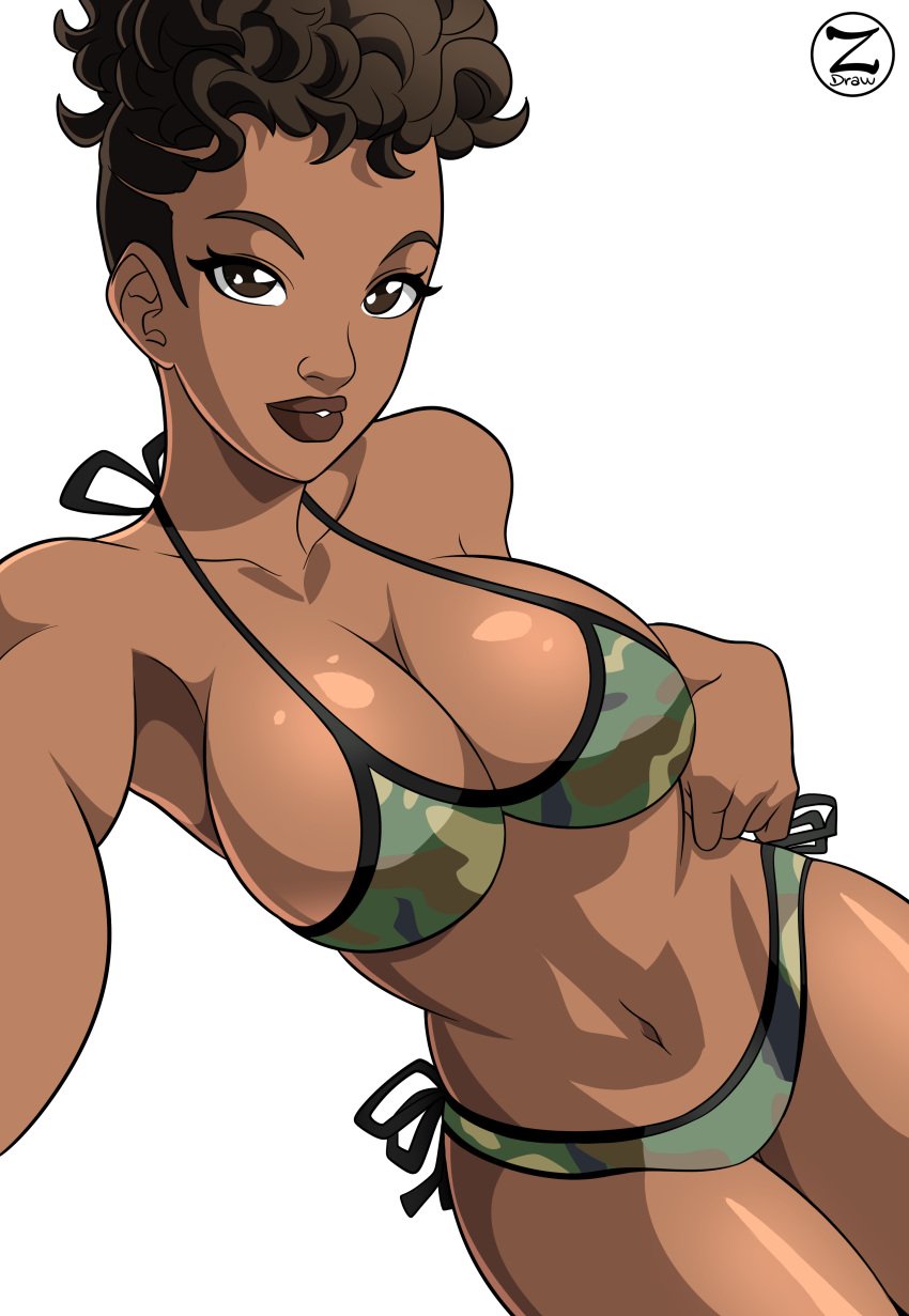 1girls african african_female afro apex_legends artist_name artist_signature bangalore bikini breasts brown_eyes cowboy_shot dark-skinned_female dark_skin female female_only fully_clothed hand_on_hip large_breasts looking_at_viewer selfie smile smiling_at_viewer solo swimsuit thick_lips thighs video_games zafirydraw