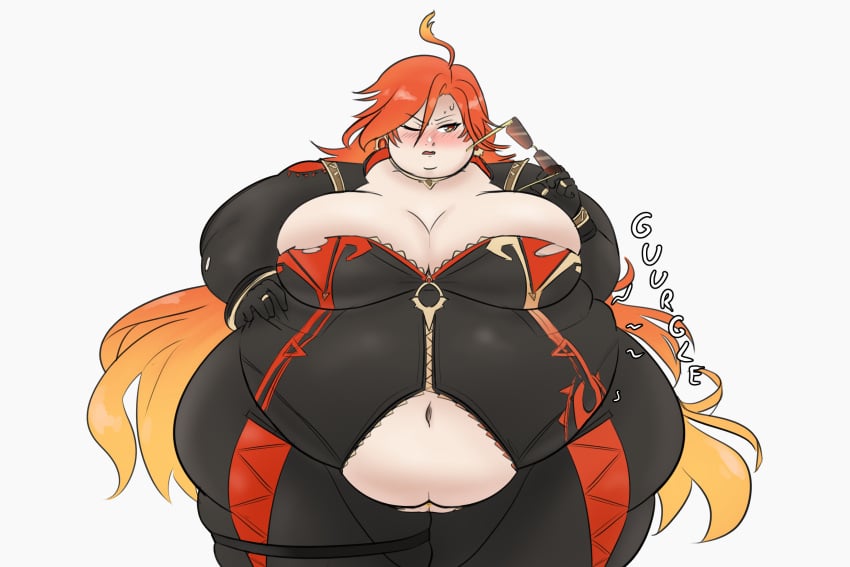 1girls belly belly_button big_belly breasts exposed_fat_belly fat fat_female fat_girl fat_woman female female_only genshin_impact hoyoverse light-skinned_female light_skin mavuika_(genshin_impact) mihoyo mihoyo_technology_(shanghai)_co._ltd. morbidly_obese obese obese_female overweight overweight_female red_hair solo standing white_background