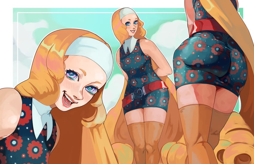 absurdres ass belt big_ass blonde_female blonde_hair blue_eyes female floral_print_dress headband highres huge_ass jumboiiii junah leaning_forward lips long_hair looking_at_viewer makeup metaphor:_refantazio simple_background sleeveless_shirt smile solo stockings thick_thighs thighs very_long_hair white_headband