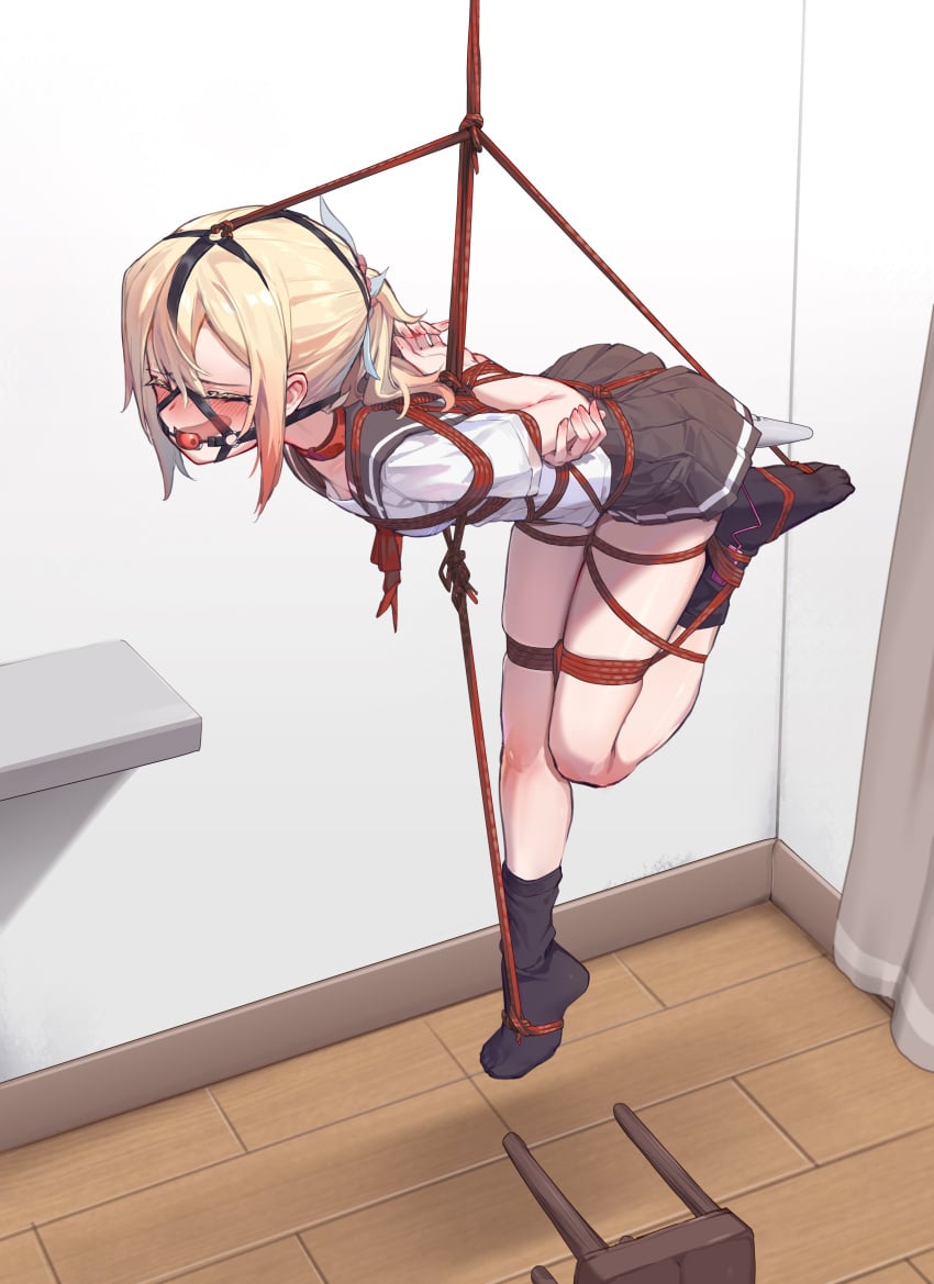 absurdres arms_behind_back ball_gag blonde_hair bondage bondage bondage bound bound_arms bound_legs breasts chair collar dildo_gag fuyou_lilienthal_yuuna gag gag_harness gagged hanging highres long_hair no_shoes on_chair pleated_skirt ponytail red_eyes restrained sailor sailor_collar school_uniform serafuku shibari_over_clothes skirt small_breasts socks xiongmao yuuki_yuuna_wa_yuusha_de_aru yuusha_de_aru zettai_ryouiki