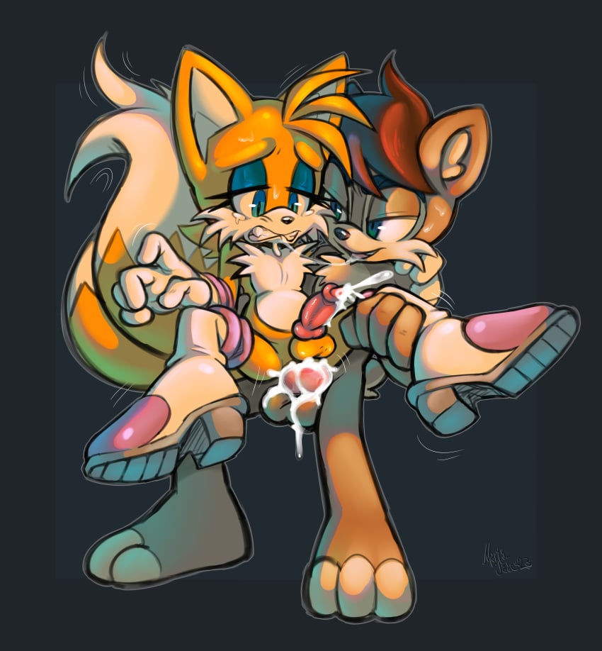 carrying_partner crossdressing cum cum_inside cum_while_penetrated elbow_gloves eyeshadow fan_character furry gay gay_sex male martyjade23 mostly_nude penis rouge_the_bat_(cosplay) sega sonic_(series) tails_the_fox thigh_boots