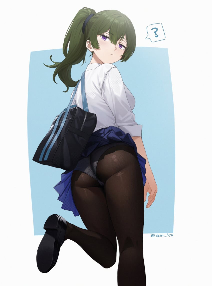 1girl ? alternate_costume ass backboob backpack black_shoes black_stockings blue_skirt breasts edgar_syu female female_only fit_female green_hair heavenly_ass high_resolution highres light-skinned_female light_skin long_hair looking_at_viewer looking_back panties panties_visible_through_clothing pleated_skirt ponytail purple_eyes question_mark school_uniform shirt shoes sole_female sousou_no_frieren stockings ubel_(sousou_no_frieren) unamused upskirt white_panties white_shirt