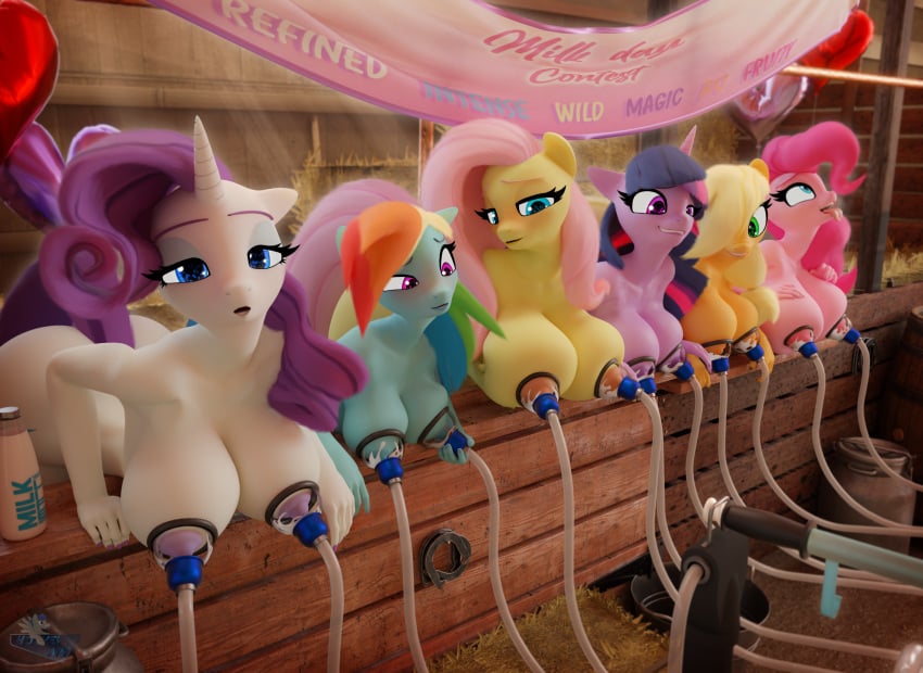 3d_(artwork) absurd_res anthro applejack_(mlp) blender_(artwork) bodily_fluids breast_milking digital_media_(artwork) equid equine female fluttershy_(mlp) friendship_is_magic group hasbro hi_res hooves-art horse lactating mammal my_little_pony pinkie_pie_(mlp) pony rainbow_dash_(mlp) rarity_(mlp) twilight_sparkle_(mlp)