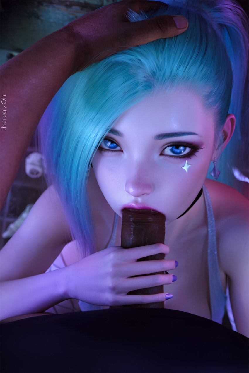 black_shirt blowjob dark-skinned_male earrings fellatio hand_on_another&#039;s_head hand_on_penis interracial k/da_series league_of_legends prostitute prostitution purple_nails riot_games seraphine_(league_of_legends) therealzoh turquoise_hair