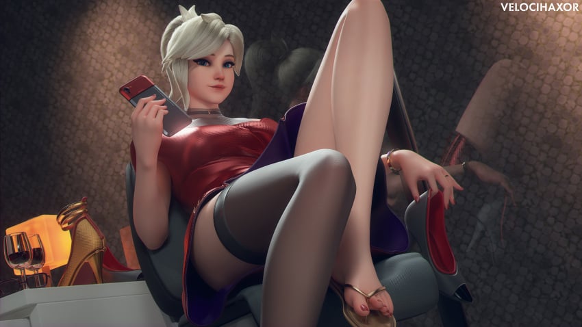 1girls 3d blizzard_entertainment clothed_female dress feet female female_focus female_only from_below from_below_view low-angle_view mercy overwatch overwatch_2 red_dress sandals toes velocihaxor