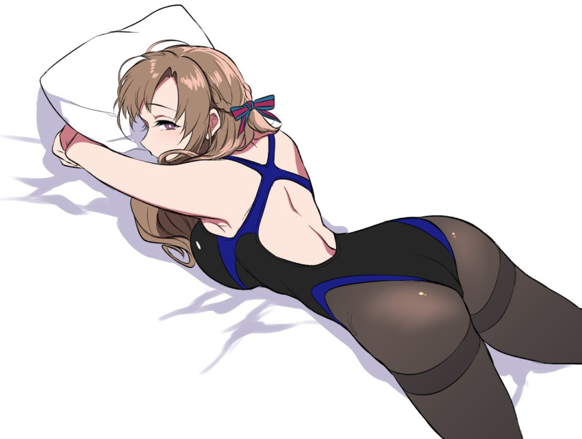 1girls armpits ass back backless_swimsuit bed big_ass brown_hair clothed competition_swimsuit do_you_love_your_mom_and_her_two-hit_multi-target_attacks? female_only huge_breasts large_breasts laying_on_bed milf one-piece_swimsuit oosuki_mamako pantyhose pantyhose_under_swimsuit pillow pochi_(pochi-goya) purple_eyes solo swimsuit thighband_pantyhose tsuujou_kougeki_ga_zentai_kougeki_de_ni-kai_kougeki_no_okaasan_wa_suki_desu_ka? white_background