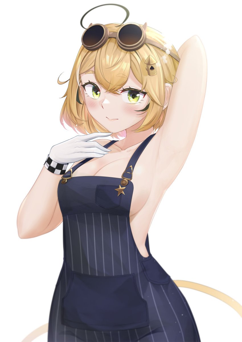 armpits atoto blonde_hair blush cleavage conductor_uniform dooby3d gloves goggles green_eyes indie_virtual_youtuber jerboa jerboa_humanoid looking_at_viewer no_bra sideboob tail virtual_youtuber wakipai