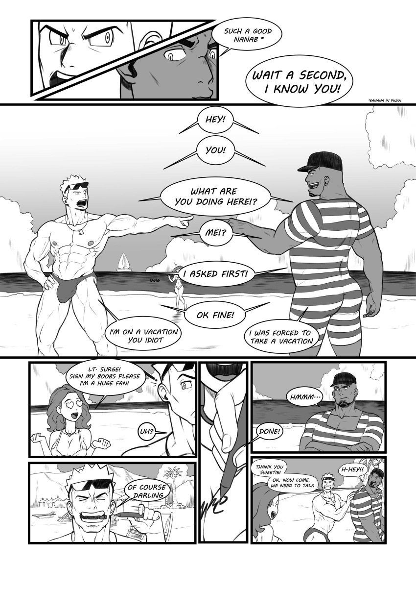 balls bara bulge cliff_(pokemon) comic facial_hair flaccid lt_surge lupin_barnabi male male_only monochrome muscles muscular nintendo penis pokemon speech_bubble