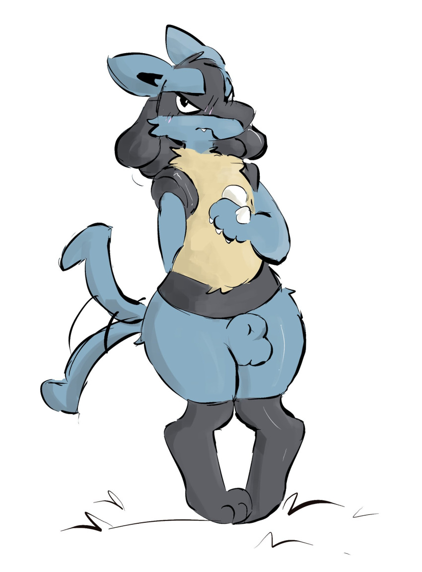 animal_genitalia anthro balls fully_sheathed generation_4_pokemon genitals hi_res lucario male male_only nintendo pawfunk_(artist) pokemon pokemon_(species) sheath simple_background solo solo_male tail tail_motion tailwag white_background