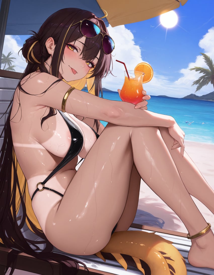 ahe_gao ai_generated ass beach big_breasts brown_hair e-sekai eel eyewear_on_head female female_only huge_breasts idol-en idol_corp juna_unagi pubic_hair sunglasses swimsuit tan_body tanlines virtual_youtuber vtuber yellow_eyes