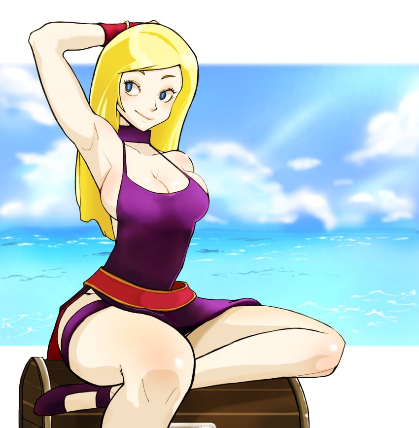 1girls arm_behind_head armpits beach belt big_breasts blonde_hair blue_eyes bonne_jenet bracelet breasts bursting_breasts busty choker cleavage dress fatal_fury feet female female_only fingerless_gloves garou:_mark_of_the_wolves gloves gold_bracelet high_heels highres jewelry king_of_fighters large_breasts legs long_hair ocean panty_straps pose posing purple_dress sensual sideboob sitting smile snk thighs thong treasure_chest underwear voluptuous water