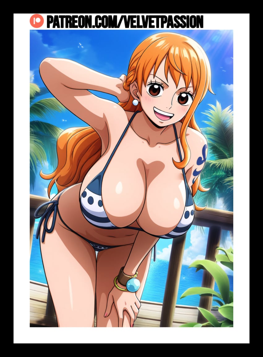 1girls ai_generated beach big_breasts bikini female female_only looking_at_viewer nami nami_(one_piece) one_piece orange_hair solo solo_female solo_focus tattoo velvetpassion