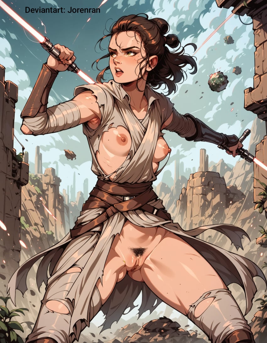 ai_generated battle breasts fight hoeyuga jorenran naked naked_female nude nude_female pussy rey ripped_clothing ripped_pants star_wars war wardrobe_malfunction