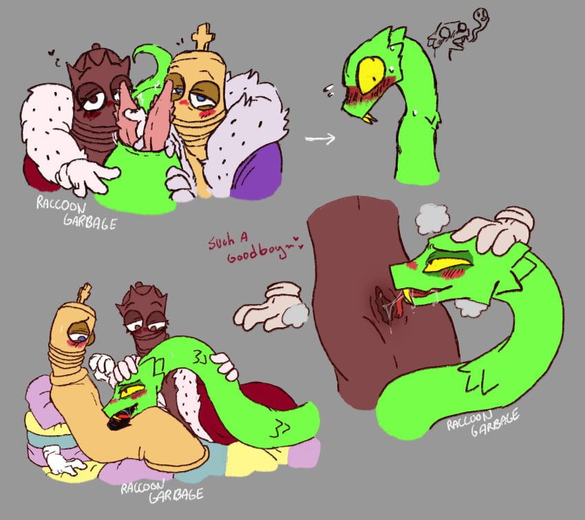 1girl2boys diphallia diphallism kinger_(the_amazing_digital_circus) multi_genitalia multi_penis oc oc_x_canon original_character penis queenie_(the_amazing_digital_circus) raccoongarbage reptile scalie snake sucking_penis tadc the_amazing_digital_circus threesome