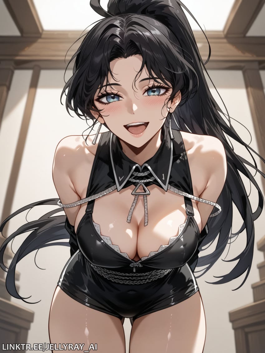 ai_generated arms_behind_back bangs bare_shoulders big_breasts black_hair blue_eyes blush breasts cleavage covered_navel cowboy_shot earrings female high_ponytail indoors jellyray_ai jewelry large_breasts leaning_forward long_hair looking_at_viewer open_mouth parted_bangs patreon_username ponytail smile solo the_world_after_the_end thigh_gap thighs watermark web_address webtoon yu_seolha