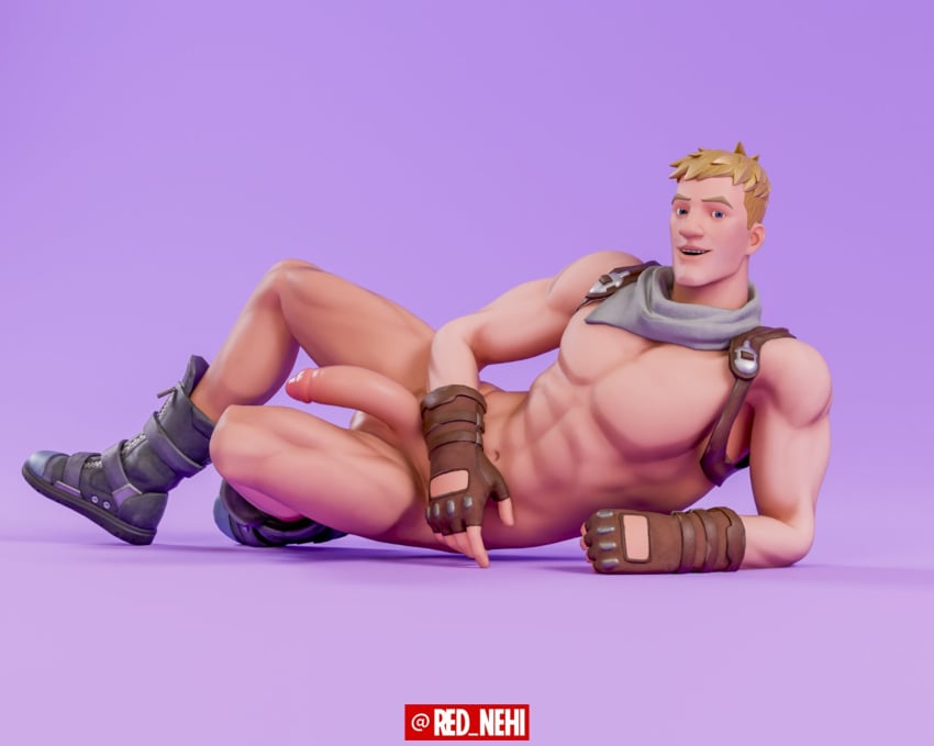 1boy bandana big_penis blonde_hair boots captain_jones fingerless_gloves fortnite fortnite:_battle_royale gloves jonesy_(fortnite) laying_down laying_on_side male male_focus male_only muscular muscular_male red_nehi smile solo solo_male