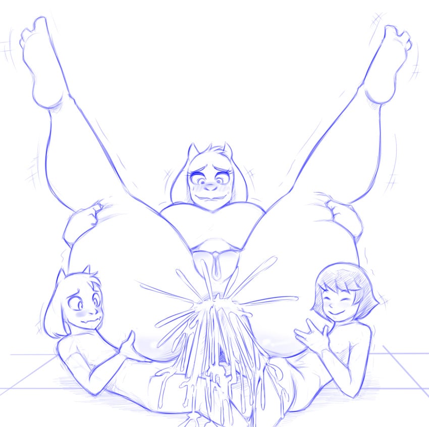 1girls 2boys anal anal_sex anthro asriel_dreemurr blush blushing bodily_fluids boss_monster bovid breasts_apart caprine cross-eyed cum cum_explosion cum_in_ass cum_inside double_anal double_penetration excessive_cum female female_anthro friendly_fire frisk genital_fluids gesture goat_horns group hi_res horns human incest larger_female leg_lift leg_spread legs_held_open male male_anthro male_human mammal mmf_threesome monochrome mother mother_and_son parent penetration penis pussy ratchetsly sex simple_background sitting_on_penis size_difference sketch small_but_hung small_dom_big_sub small_horns smaller_male smile son spread_legs spreading straight threesome tiles toriel trembling two_doms_one_sub undertale video_games white_background