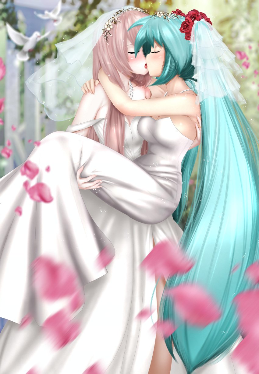 2girls a1ibaba female female_only hatsune_miku kissing megurine_luka princess_carry sfw vocaloid wedding wedding_dress wedding_ring wedding_veil wholesome yuri