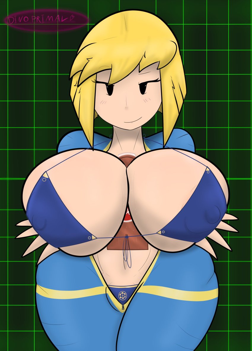 1girl 1girls belly_button big_breasts black_eyes blonde blonde_female blonde_hair blonde_hair_female blue_bra blue_panties blush boobjob bra breasts dinoprimal fallout fallout_(series) female female_focus female_only giant_breasts holding_breast holding_breasts holding_object massive_breasts nipples nipples_visible_through_clothing nuka-cola open_shirt panties pink_nipples shirt smile thick thick_thighs thighs titjob vault_girl vault_suit white_body white_skin zipper zipper_down