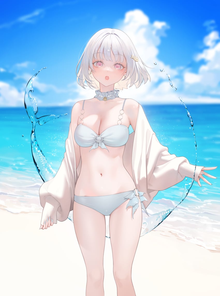 1girls albino beach bikini blue_nails blue_sky breasts cardigan choker day earrings female female_only fish_hair_ornament fit_female frills hair_ornament hi_res highres jewelry long_sleeves looking_at_viewer medium_breasts nacchan_(ohisashiburi) nail_polish navel necklace o-ring ocean ohisashiburi open_clothes original outdoors petite pink_eyes seashell short_hair skindentation solo standing swimsuit water white_hair