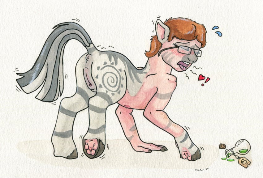 2020 anus blush blush_lines bodily_fluids brown_hair clock closed_eyes cork equid equine eyewear female feral friendship_is_magic fused_fingers fused_toes gender_transformation genitals glasses glasses_askew hair hasbro heart_symbol hooves human human_to_feral icaron mammal mid_transformation motion_lines mtf_transformation my_little_pony nipples open_mouth potion potion_bottle potion_label pussy simple_background solo species_transformation sweat sweatdrop textured_background transformation transformation_potion underhoof watch watercolor_(artwork) wearing_glasses wristwatch zebra zecora_(mlp)