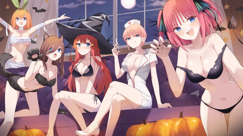 5girls :q absurdres animal_costume animal_ears arm_support bandages bikini black_bikini black_hat black_nails blue_eyes blush breasts brown_hair butterfly_hair_ornament chest_sarashi claw_pose cleavage closed_mouth collarbone couch crossed_legs decorations demon_tail dress full_moon fur_bikini go-toubun_no_hanayome green_ribbons hair_between_eyes hair_ornament hair_ribbon halloween hat highres holding holding_syringe long_hair looking_at_viewer low_wings medium_breasts medium_hair mini_wings moon multiple_girls mummy_costume nakano_ichika nakano_itsuki nakano_miku nakano_nino nakano_yotsuba naked_bandage navel night no_bra nurse nurse_cap oerba_yun_fang off-shoulder_bikini off_shoulder on_couch open_mouth orange_hair outstretched_arms pink_hair plunging_neckline profnote pumpkin quintuplets red_eyes ribbon sarashi short_hair short_sleeves siblings side-tie_bikini_bottom sisters sitting smile spread_arms star_(symbol) star_hair_ornament stomach swimsuit syringe tail tongue tongue_out two_side_up underboob white_dress white_footwear window wings witch_hat wolf_costume wolf_ears wolf_tail