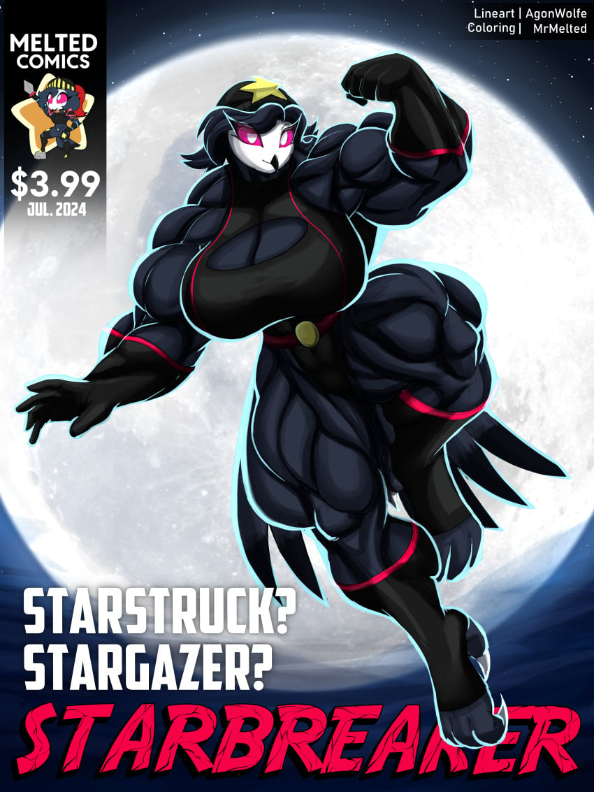 1girls abs anthro biceps big_breasts breasts busty cleavage cover_page demon demon_girl female female_only helluva_boss huge_breasts large_breasts mrmelted muscular muscular_female octavia_(helluva_boss) owl owl_demon png red_eyes solo superheroine text thick_thighs thunder_thighs wide_hips