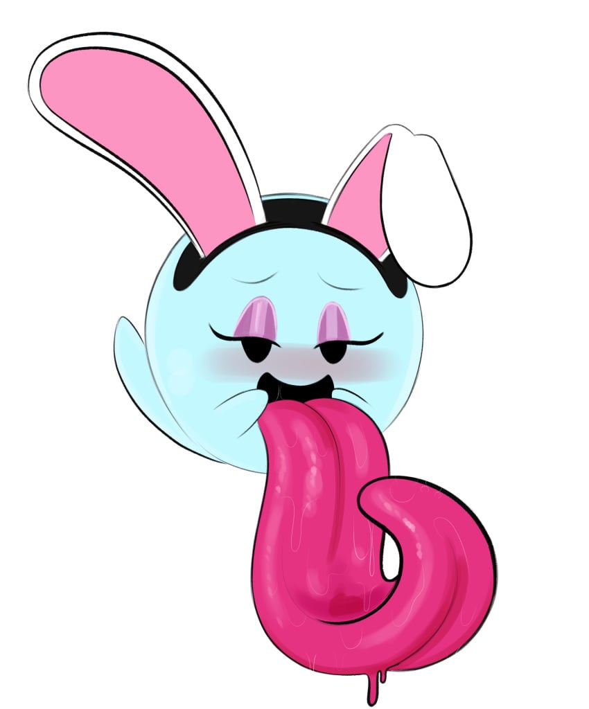 1girls black_eyes blue_body blush boo_(mario) breath bunny_ears bunny_girl eyelashes fake_ears fake_rabbit_ears featureless_hands female ghost ghost_tail huge_tongue hyper_tongue long_tongue mario_(series) nintendo ota_(artist) paper_mario peeka pink_tongue purple_eyeshadow saliva solo solo_female thick_tongue tongue tongue_out transparent_background waddling_head