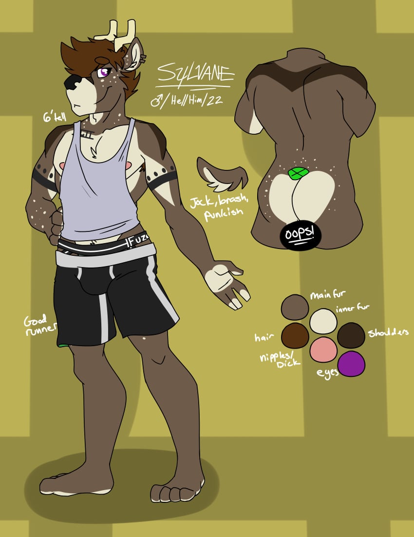 1boy 2019 absurd_res anthro antlers armpit_hair bottomwear cervid cervine clothed clothing digital_media_(artwork) fur hair hi_res horn jockstrap male male_only mammal model_sheet muscular muscular_male nipples pants pecs perineum piercing shirt shorts simple_background smile solo standing sylvane sylvanedadeer tank_top tattoo topwear underwear white_fur