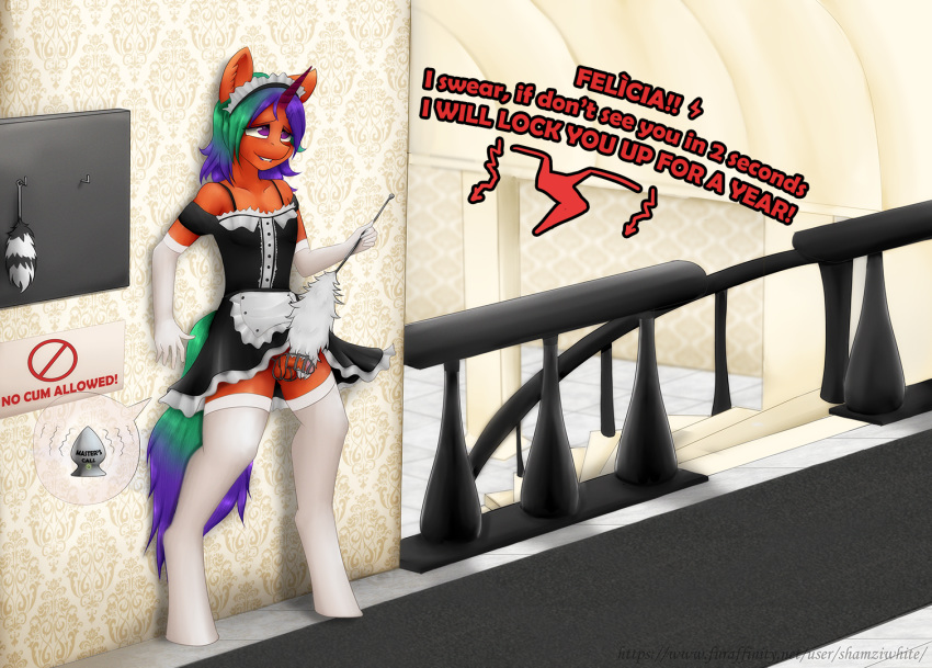 2019 anthro armwear bite biting_lip buttplug chastity chastity_cage chastity_device clothed clothing crossdressing elbow_gloves equid equine fetil fur girly gloves handwear horn legwear maid_uniform male mammal mansion my_little_pony penis self_bite sex_toy shamziwhite solo standing stockings unicorn uniform