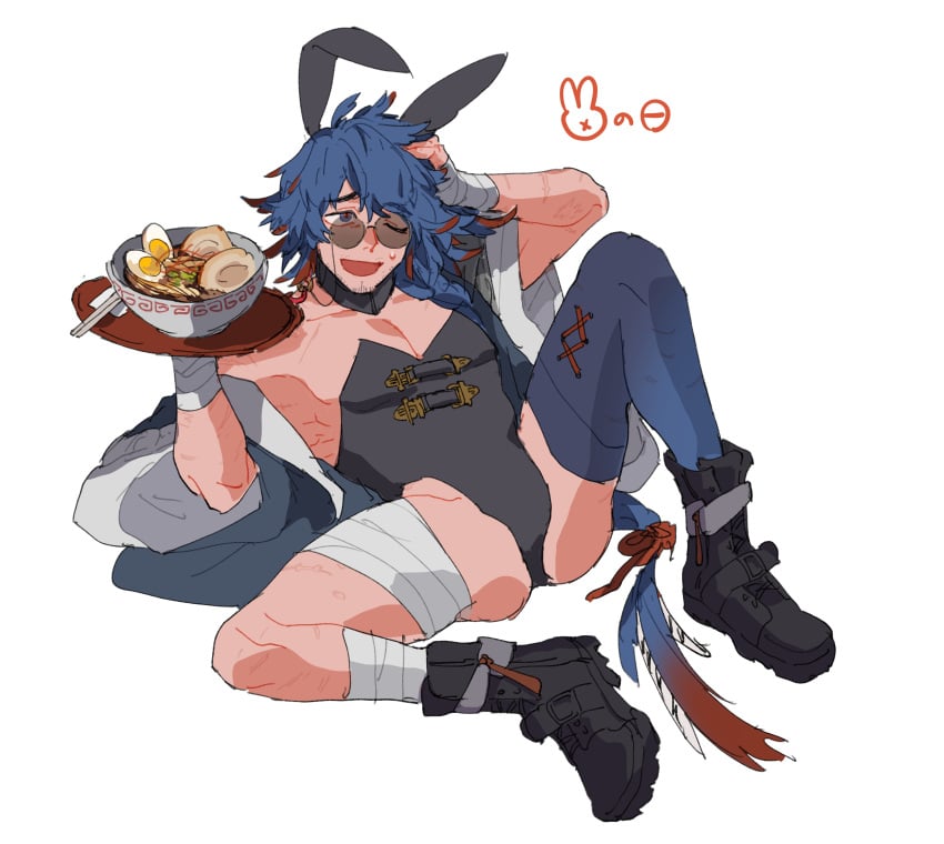 1boy arknights bandage blue_hair braid braided_ponytail bunny_boy bunny_ears bunnysuit choker cuntboy cuntboy_only embarrassed facial_hair glasses holding_object holding_plate intersex leotard lying_on_back mr._nothing_(arknights) off_shoulder ramen round_glasses scar solo_male tagme ten_yen thighhighs wraps