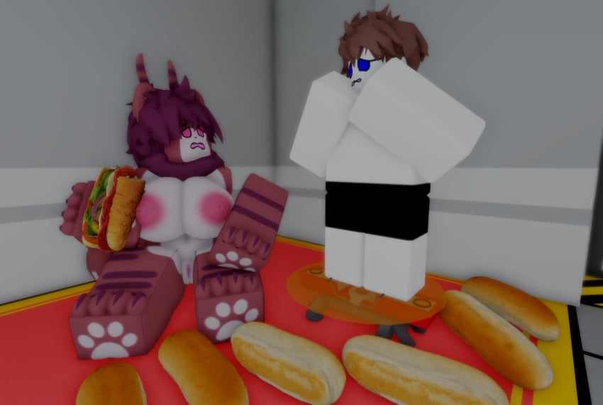 anthro bread breasts changed_(video_game) colin_(changed) confused_expression female furry looking_at_another male pink_nipples pink_pussy ravenuwu roblox self_upload stiger_(changed) teleporter