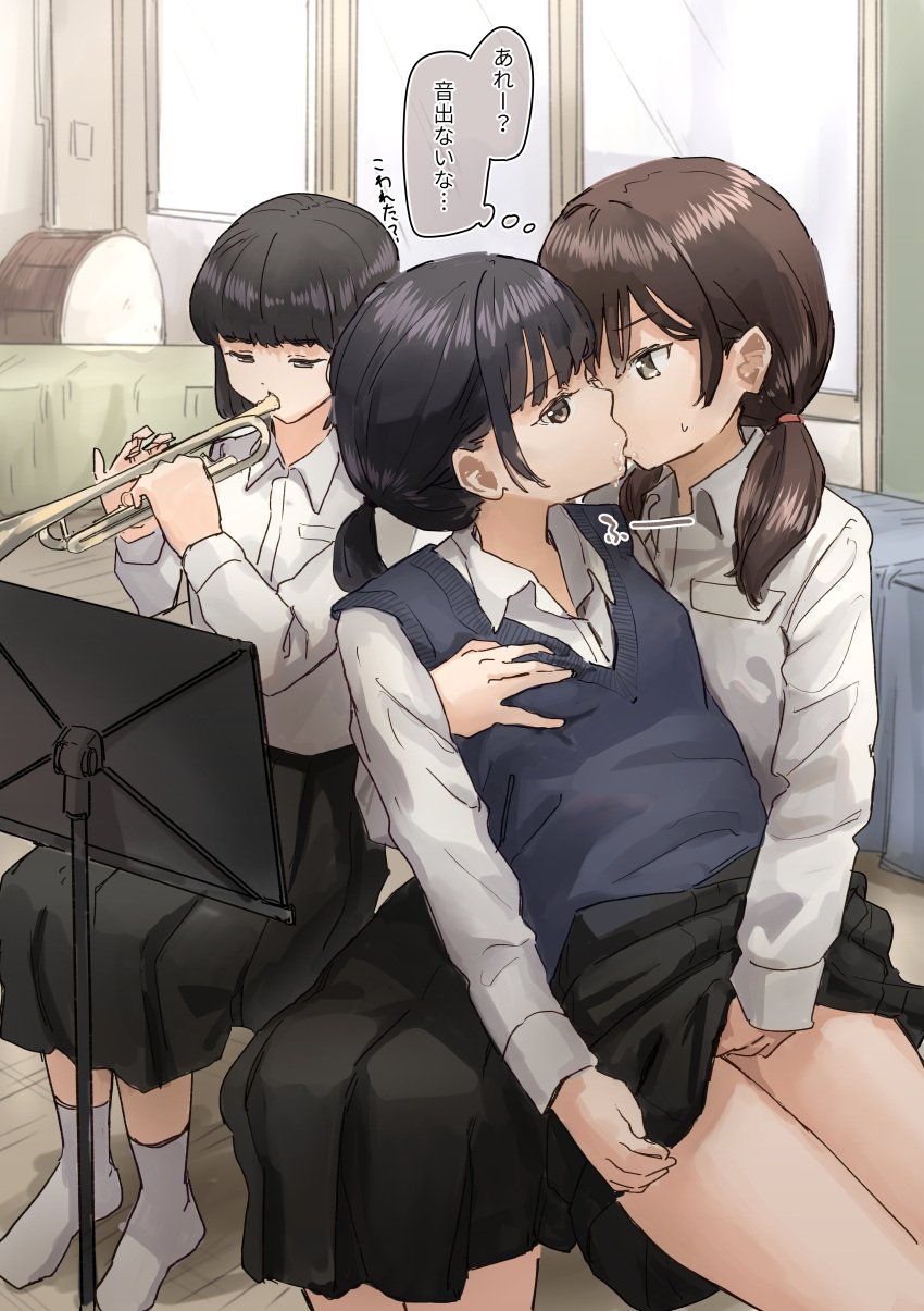 3girls altered_common_sense black_hair breast_grab brown_eyes brown_hair change_in_common_sense common_sense_change emotionless ewokakuni fingering french_kiss hypnosis kakuni kissing ponytail saliva school_uniform trumpet twintails yuri