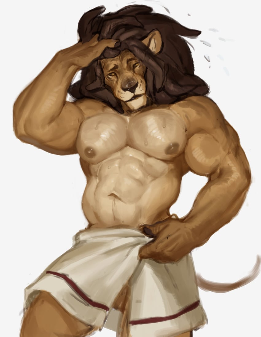 abs anthro balls barely_visible_balls barely_visible_genitalia colored_sketch felid hair hi_res kaptain_spicy lion male male_only mammal muscular muscular_male pantherine pecs simple_background solo towel towel_only wet white_background