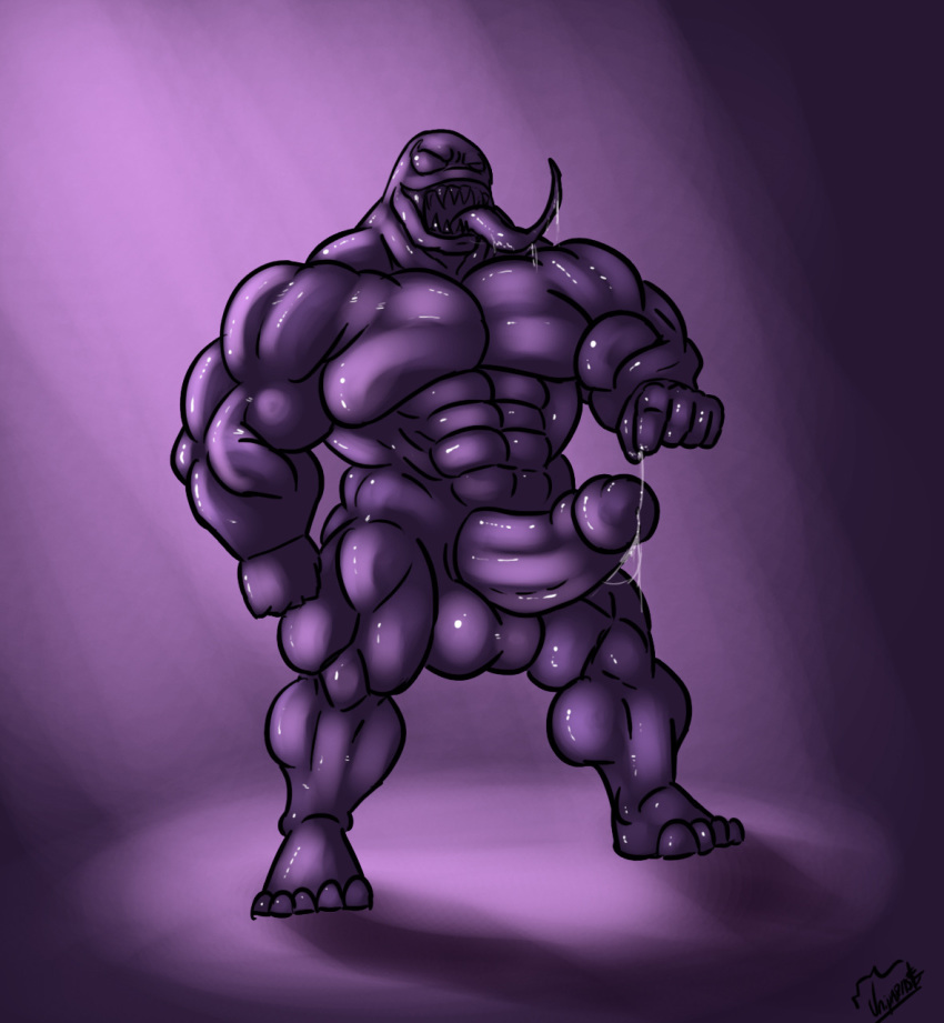 1boy abs alien biceps erection excessive_muscles extreme_muscles huge_cock huge_penis humanoid long_tongue male male_only marvel marvel_comics monochrome muscular muscular_arms muscular_legs muscular_male no_nipples open_mouth penis precum purple_background purple_skin solo solo_male source_request spider-man_(series) standing teeth text tongue tongue_out uniparasite venom_(marvel) watermark