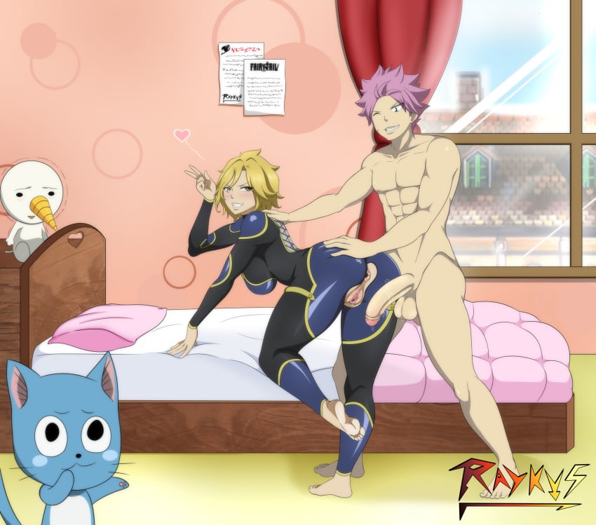 1girls 2boys anus ass bed bedroom blonde_hair bodysuit cyberunique dimaria_yesta fairy_tail hand_on_ass happy_(fairy_tail) indoors large_breasts natsu_dragneel nipples nude penis pink_hair plue pussy raykus sex spandex standing tattoo tongue tongue_out uncensored