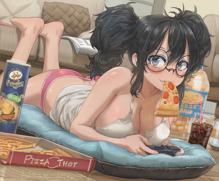 1girl 1girls ass ass_cleavage barefoot big_breasts black_hair blue_eyes blue_eyeshadow blush breasts butt_crack cleavage clothed clothing cushion cute_fang eyeshadow eyewear feet_up female female_only food game_controller glasses human large_breasts laying_down looking_at_viewer makeup no_bra panties pigtails pink_panties pizza pizza_thot pringles soft_drink solo tips_(gats) twintails video_games yohan1754