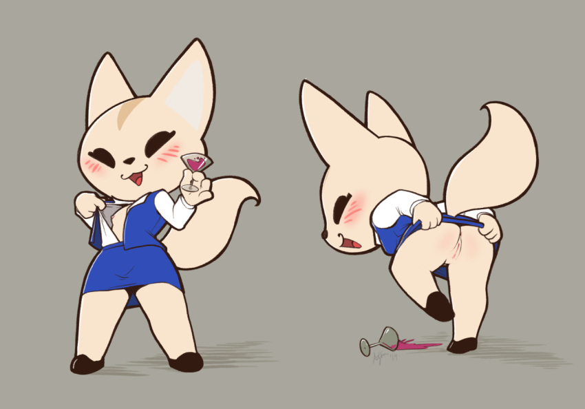 2019 aggressive_retsuko ajin alcohol anthro anus ass barely_visible_anus barely_visible_genitalia beverage blush bottomwear breasts canid canine clothed clothing female female_only fennec fenneko fox fur furry furry_only grey_background hi_res mammal no_bra no_panties no_underwear office_lady partially_clothed presenting presenting_anus presenting_hindquarters presenting_pussy pussy rear_view sanrio simple_background skirt small_breasts solo solo_female straight_hair tail wine